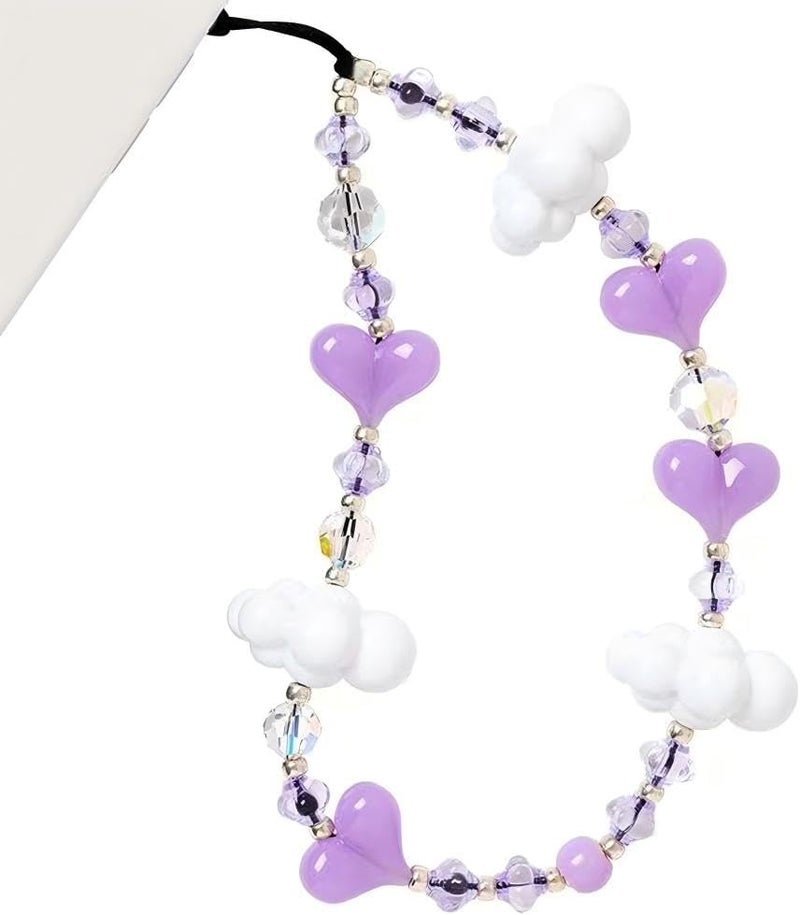 WCCH Beaded Phone Charm Y2K Kawaii Handmade Acrylic Phone Lanyard Wrist Strap for Camera Bag Airpods Keychain Charm Purple Heart with White Clouds - Image 1